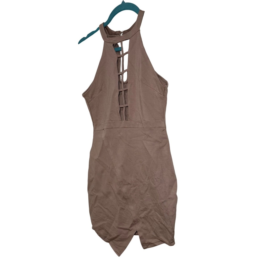 Halter Cage Front Bodycon Mini Dress Tan‎ Small Asymmetrical Clubwear Y2K Flirty
